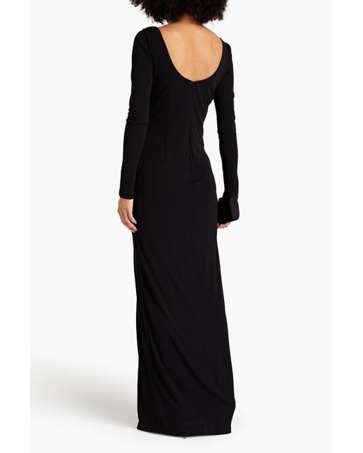 Marchesa Black Bead-Embellished Appliquéd Ruched Stretch-Jersey Gown
