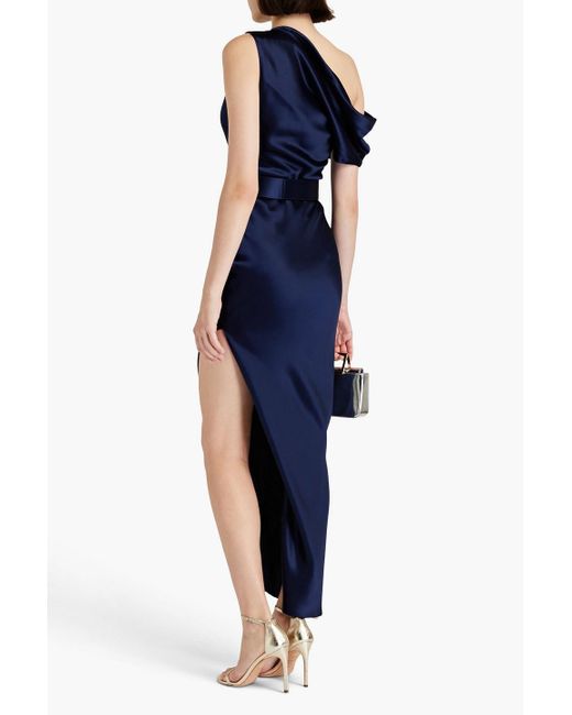 Nicholas Blue Belted Draped Satin-crepe Gown
