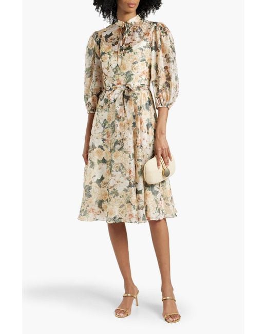 Mikael Aghal Natural Tie-detailed Floral-print Habotai Dress