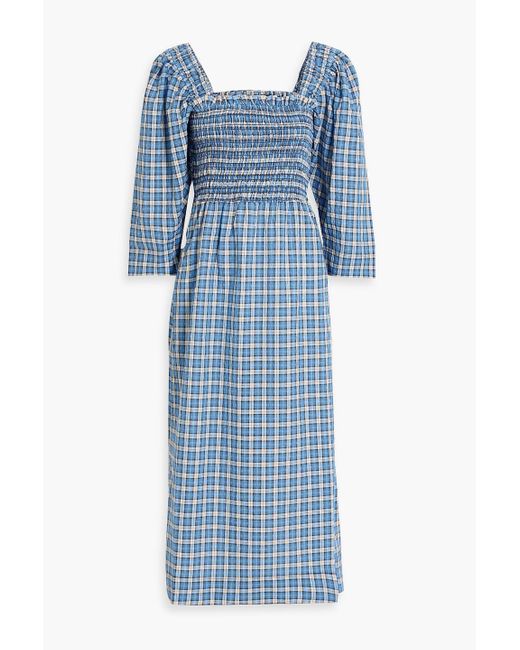 Ganni Blue Shirred Checked Cotton-blend Seersucker Midi Dress