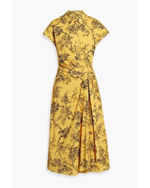 Carolina Herrera Draped Floral-Print Cotton Midi Dress in Yellow | Lyst