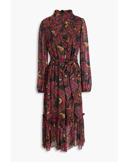 Farm Rio Red Printed Metallic Fil Coupé Chiffon Midi Dress