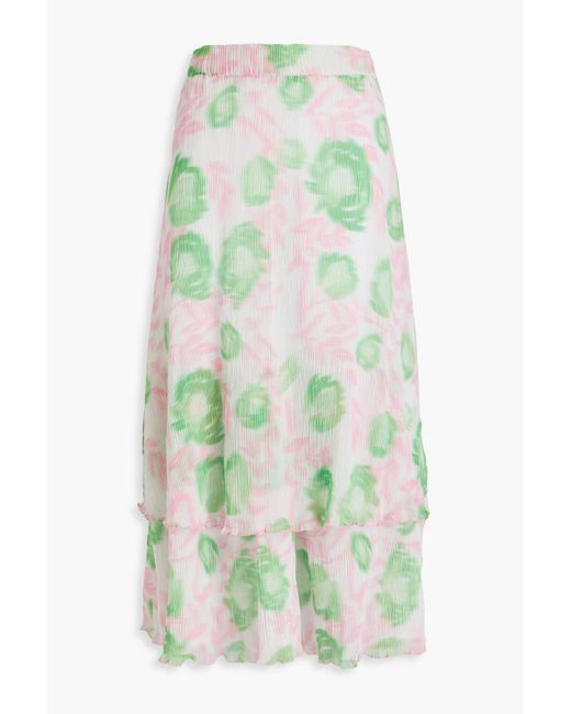 Ganni Green Layered Pleated Printed Georgette Midi Skirt