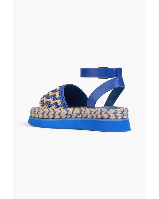Farm Rio Blue Leather And Faux Raffia Platform Sandals