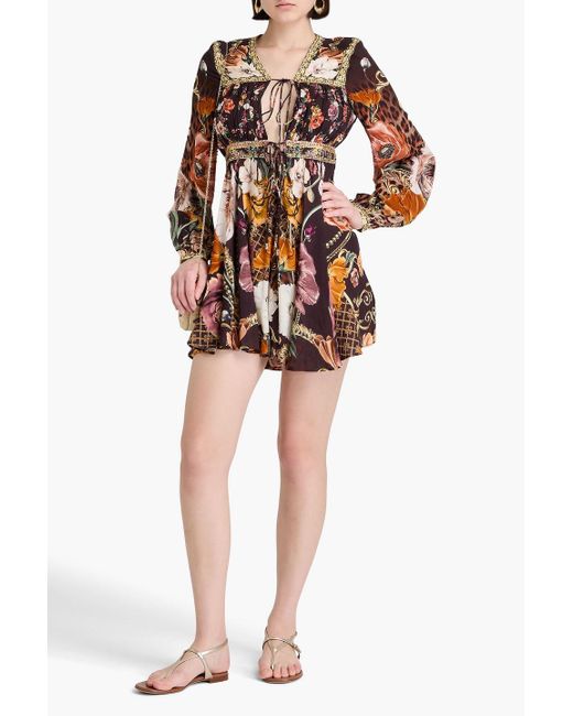 Camilla Multicolor Embellished Floral-Print Mousseline Mini Dress
