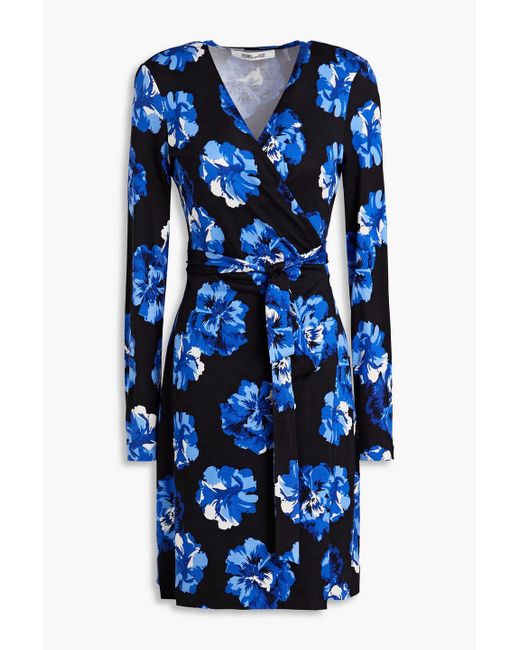 Diane von Furstenberg Blue Julian Floral-print Silk-jersey Mini Wrap Dress