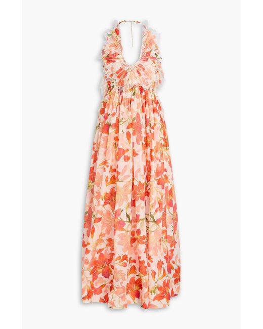 Zimmermann White Maxikleid aus organza aus einer leinen-seidenmischung mit floralem print und rückenausschnitt