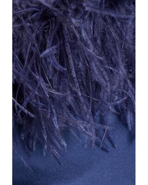 Badgley Mischka Blue Schulterfreie robe aus faille mit rüschen und federbesatz