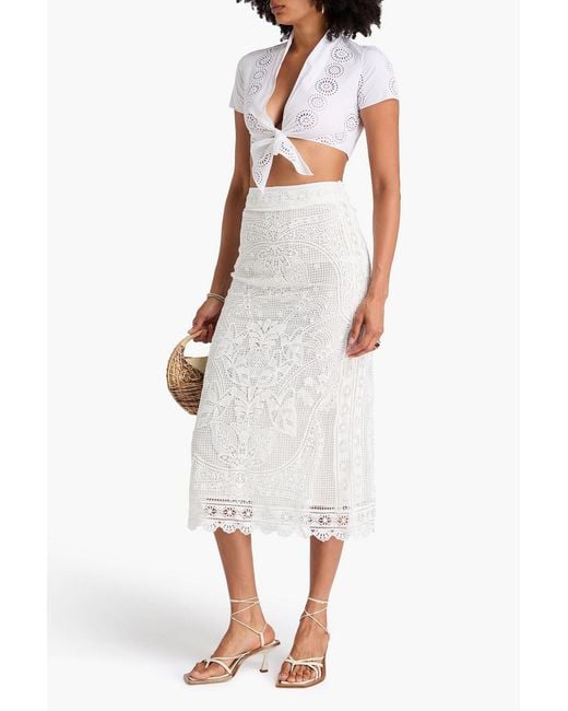 Farm Rio White Guipure Lace Midi Skirt