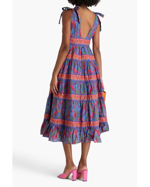 Farm Rio Purple Gestuftes midikleid aus baumwollmusselin mit print