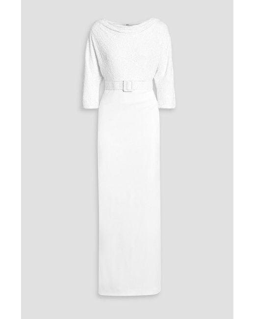 Badgley Mischka White Belted Sequin-Embellished Crepe Gown