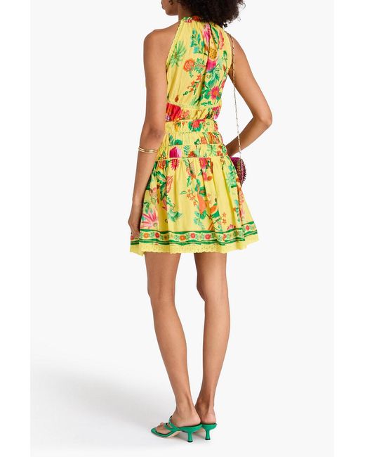 Farm Rio Green Lace-trimmed Floral-print Cotton Mini Skirt