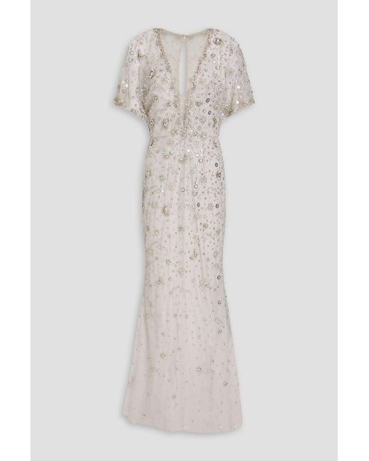 Jenny Packham White Eliza Cutout Embellished Tulle Gown