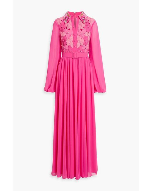 Badgley Mischka Pink Belted Floral-appliquéd Chiffon Gown