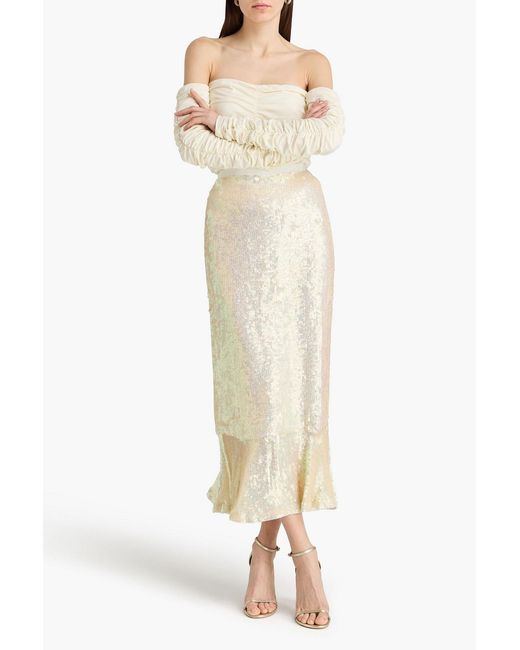 Saloni White Sequined Gauze Midi Skirt