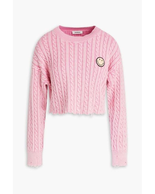Sandro Pink Embellished Cropped Cable-knit Cotton Sweater