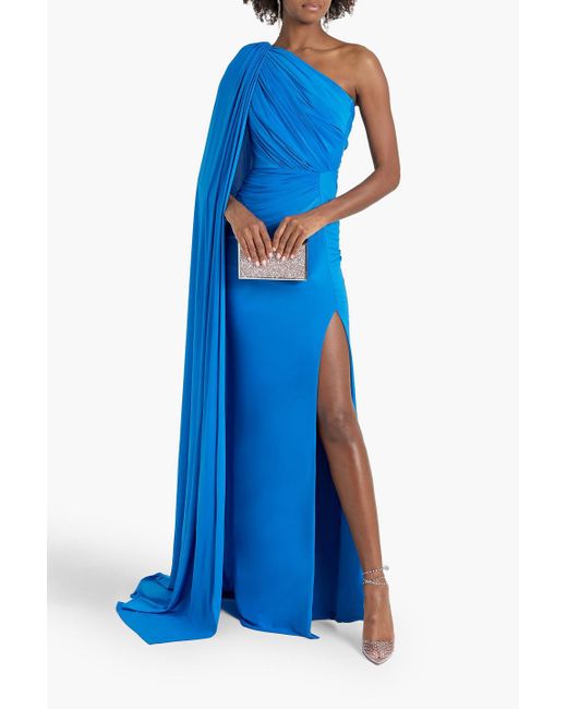 Rhea Costa Blue One-shoulder Draped Jersey Gown