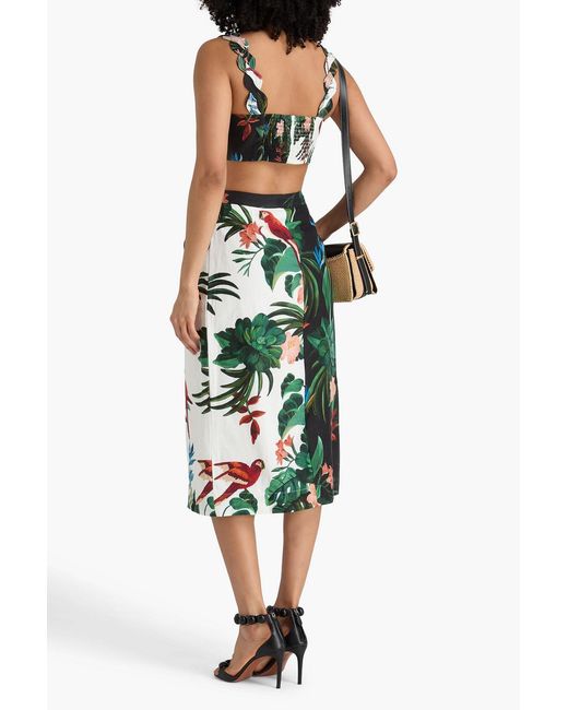 Farm Rio Green Floral-print Linen-blend Midi Wrap Skirt