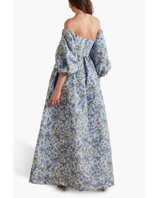 Carolina Herrera Blue Off-the-shoulder Floral-print Taffeta Gown