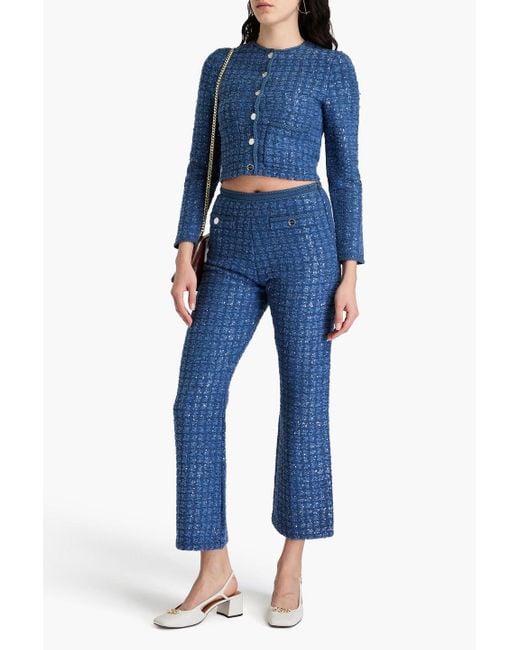 Sandro Blue Cropped Sequin-embellished Bouclé Jacket