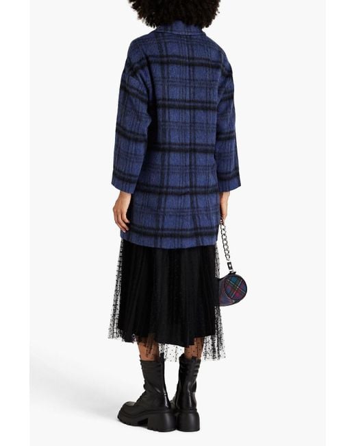 RED Valentino Blue Double-breasted Checked Brushed Wool-blend Felt Coat