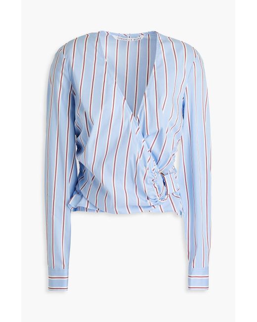 Veronica Beard Blue Ozzie Wrap-effect Striped Cotton-blend Poplin Top