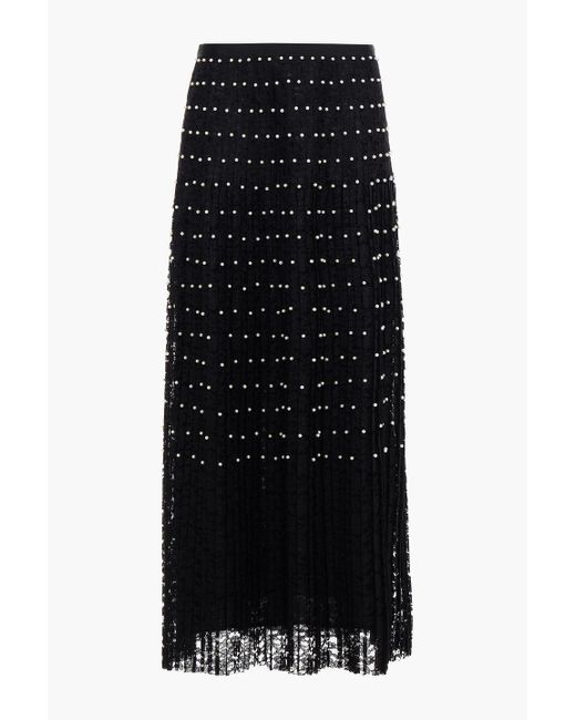 Huishan Zhang Black Faux Pearl-embellished Pleated Lace Maxi Skirt