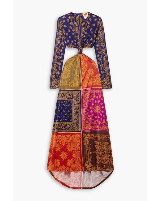 Farm Rio Red Knotted Cutout Printed Jersey Maxi Dress
