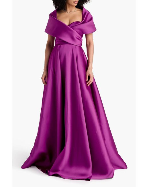 Rhea Costa Purple Wrap-effect Draped Satin-twill Gown