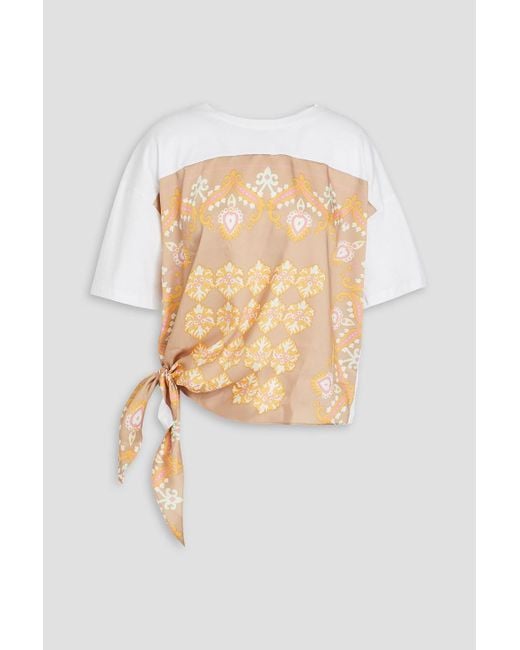 Sandro White Knotted Printed Satin And Cotton-jersey T-shirt