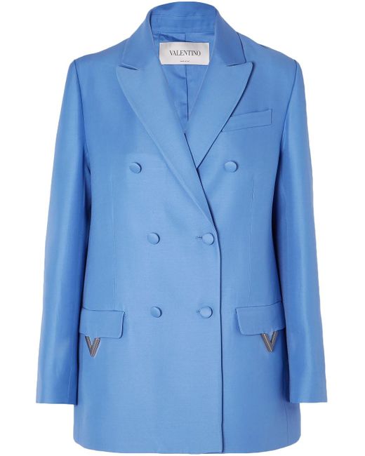 Valentino Garavani Blue Oversized Double-breasted Wool And Silk-blend Blazer