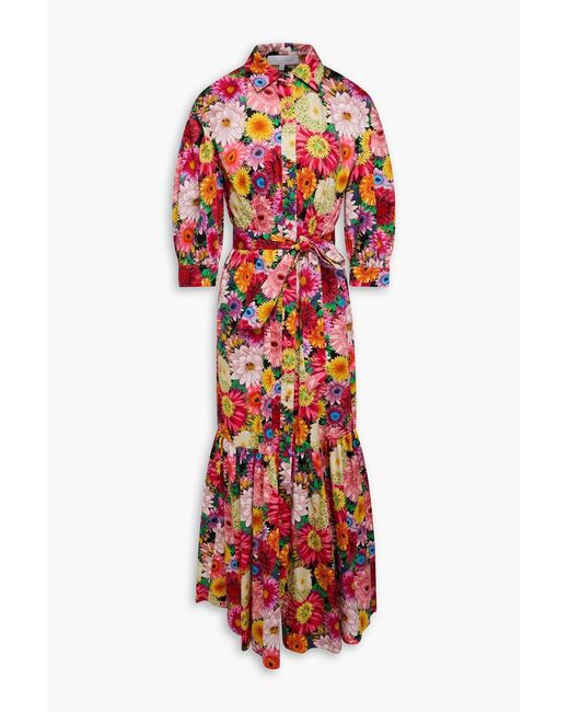 Borgo De Nor Red Bianca Belted Floral-Print Cotton-Sateen Maxi Shirt Dress