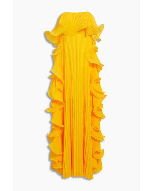 Badgley Mischka Yellow Strapless Pleated Ruffled Chiffon Gown