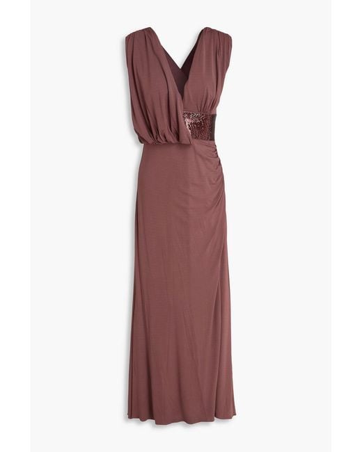 Hervé Léger Purple Lucille Sequin-Embellished Draped Jersey Gown