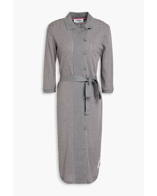 Thom Browne Gray Belted Pointelle-knit Cotton-blend Midi Shirt Dress