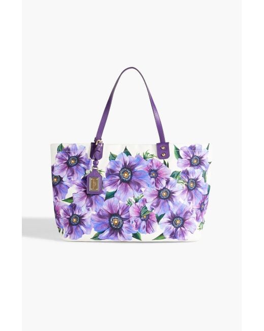 Dolce & Gabbana Purple Beatrice Leather-trimmed Floral-print Canvas Tote