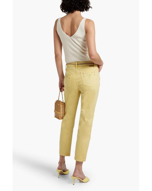 Zimmermann Yellow Cropped Broderie Anglaise-trimmed Mid-rise Tapered Jeans