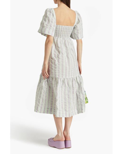 Ganni White Striped Cotton-blend Seersucker Midi Dress
