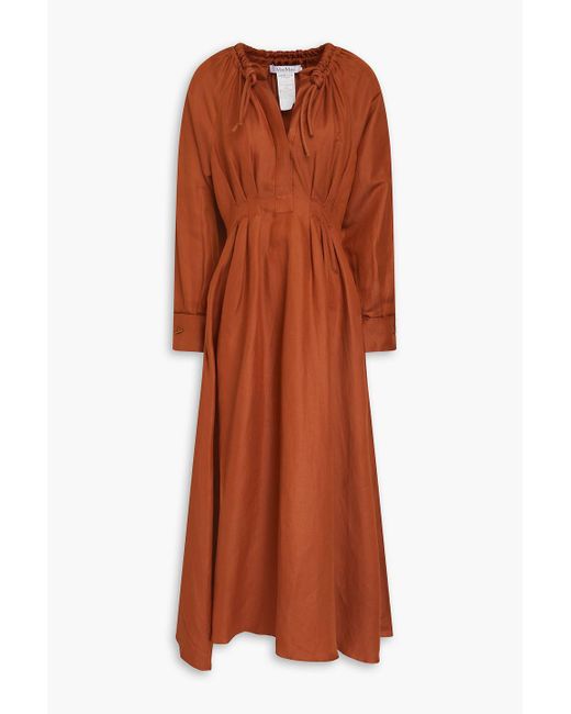 Max Mara Orange Drina Pleated Linen And Silk-blend Twill Midi Dress