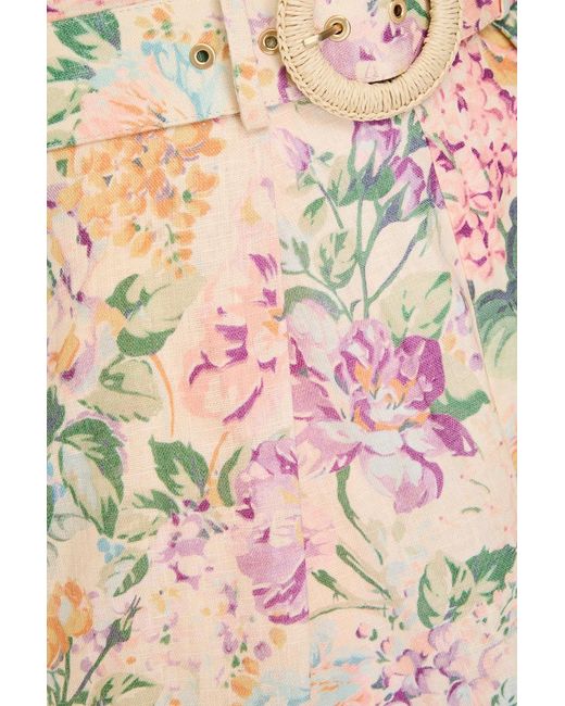 Zimmermann Pink Belted Floral-Print Linen Shorts