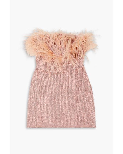 retroféte Pink Torin Strapless Feather-trimmed Sequined Crepe Mini Dress