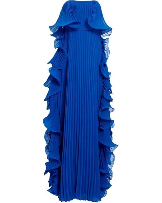 Badgley Mischka Blue Strapless Pleated Ruffled Chiffon Gown