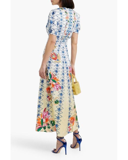 Saloni White Lea Printed Silk-Jacquard Maxi Dress