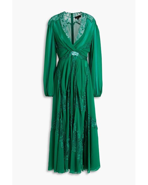 Zuhair Murad Green Wrap-effect Gathered Lace-paneled Crepe Gown