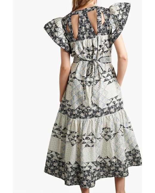 Sea Gray Clemence Belted Cutout Patchwork Cotton-voile Midi Dress