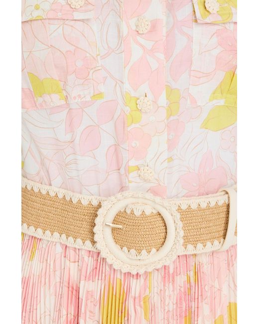 Zimmermann Pink Belted Floral-Print Slub Woven Mini Shirt Dress