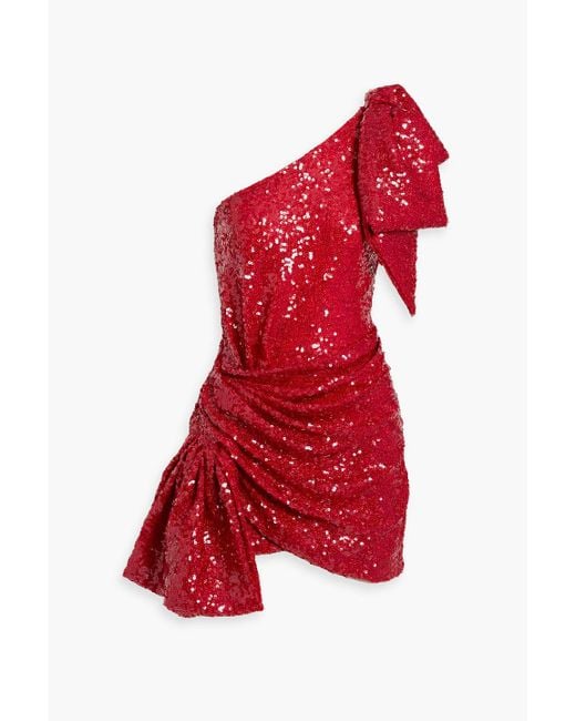 Ronny Kobo Red Brit One-shoulder Bow-embellished Sequined Stretch-tulle Mini Dress