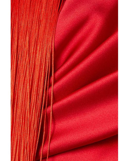 Halpern Red Draped Fringed Duchesse-satin Halterneck Mini Dress