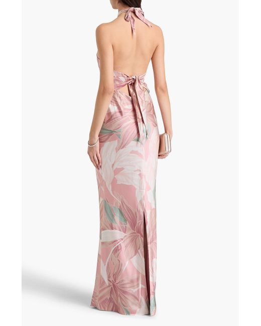 retroféte Pink Ester neckholder-robe aus satin aus stretch-seide mit floralem print