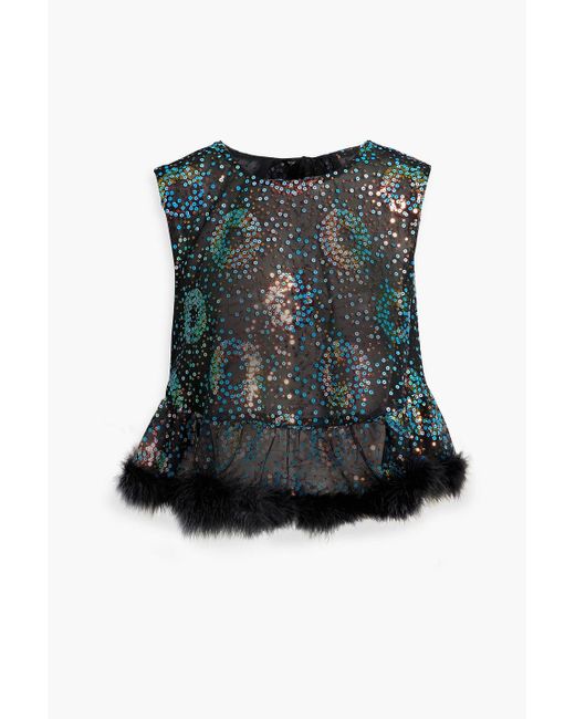 Anna Sui Black Open-back Embellished Tulle Peplum Top